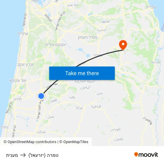 מענית to טמרה (יזרעאל) map