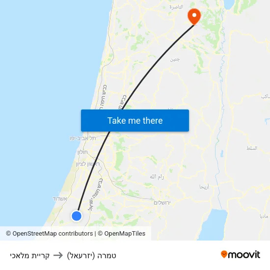 קריית מלאכי to טמרה (יזרעאל) map