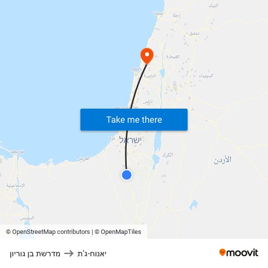 מדרשת בן גוריון to יאנוח-ג'ת map