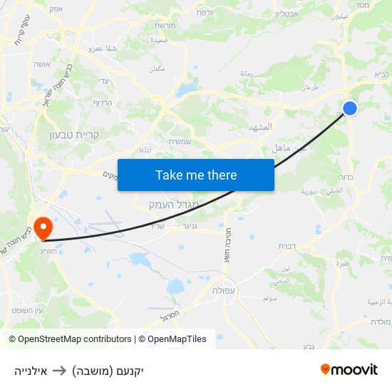 אילנייה to יקנעם (מושבה) map