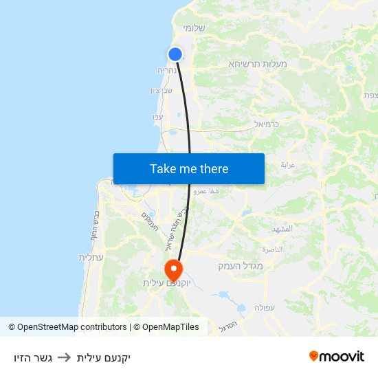 גשר הזיו to יקנעם עילית map