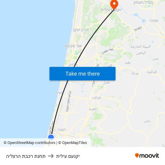 תחנת רכבת הרצליה to יקנעם עילית map