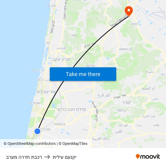 רכבת חדרה מערב to יקנעם עילית map