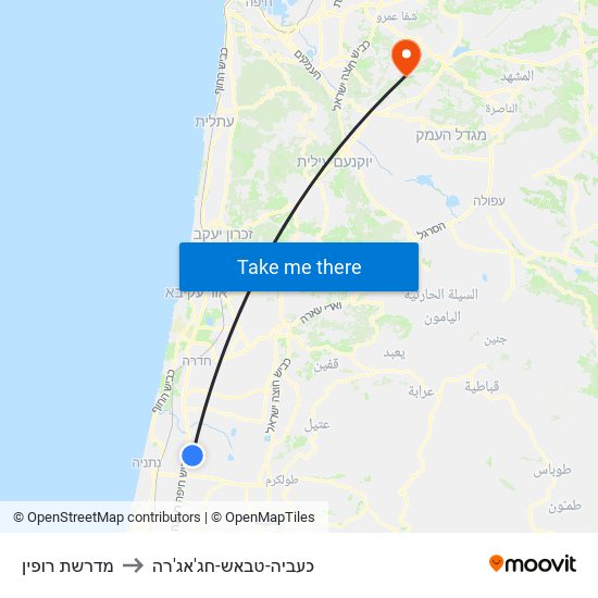 מדרשת רופין to כעביה-טבאש-חג'אג'רה map