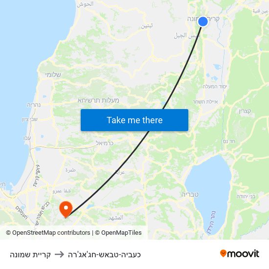 קריית שמונה to כעביה-טבאש-חג'אג'רה map