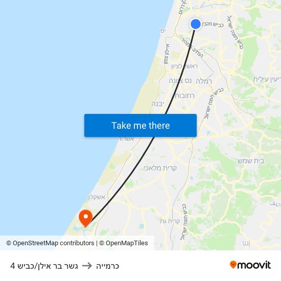 גשר בר אילן/כביש 4 to כרמייה map