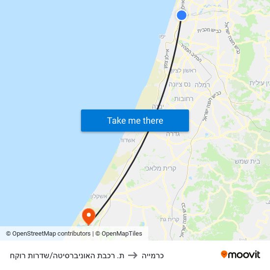 ת. רכבת האוניברסיטה/שדרות רוקח to כרמייה map