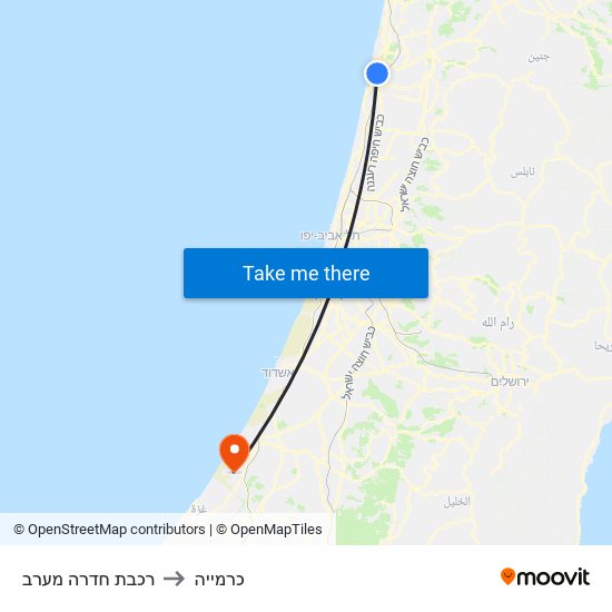 רכבת חדרה מערב to כרמייה map