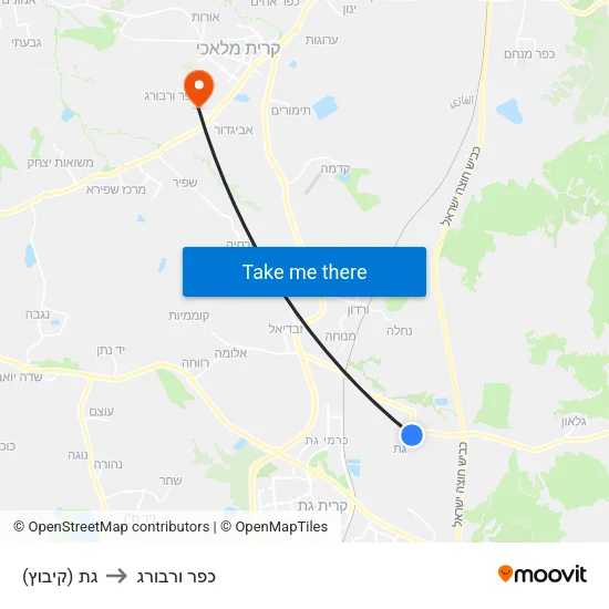 גת (קיבוץ) to כפר ורבורג map