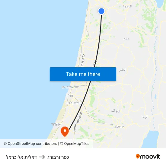דאלית אל-כרמל to כפר ורבורג map