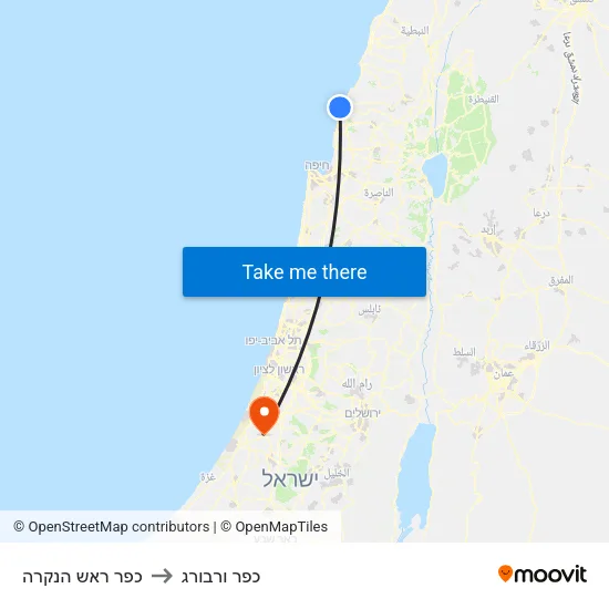 כפר ראש הנקרה to כפר ורבורג map
