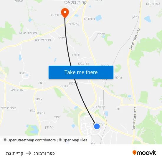 קריית גת to כפר ורבורג map