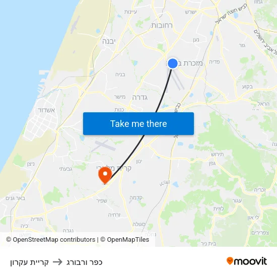 קריית עקרון to כפר ורבורג map