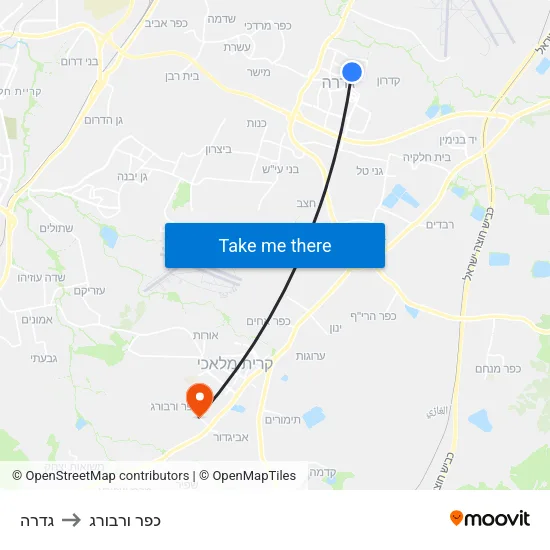 גדרה to כפר ורבורג map