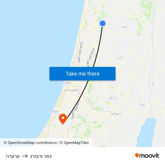 ערערה to כפר ורבורג map