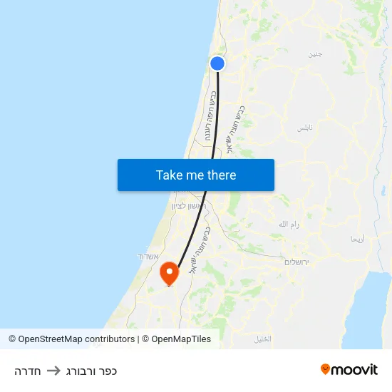 חדרה to כפר ורבורג map