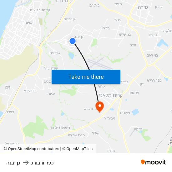 גן יבנה to כפר ורבורג map