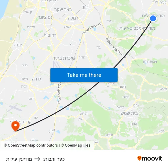 מודיעין עילית to כפר ורבורג map