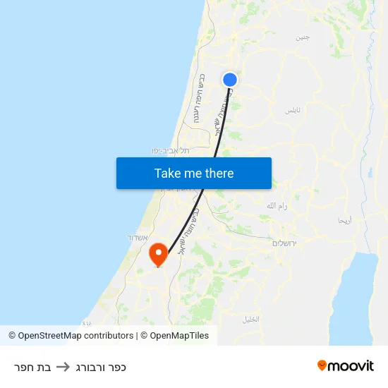 בת חפר to כפר ורבורג map