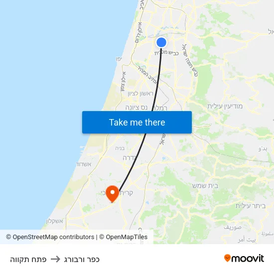 פתח תקווה to כפר ורבורג map