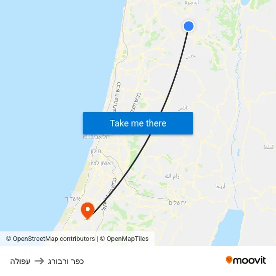 עפולה to כפר ורבורג map