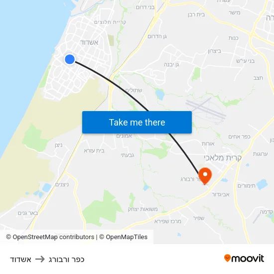אשדוד to כפר ורבורג map
