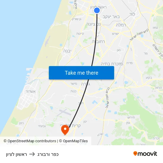 ראשון לציון to כפר ורבורג map