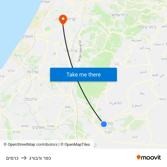 כרמים to כפר ורבורג map