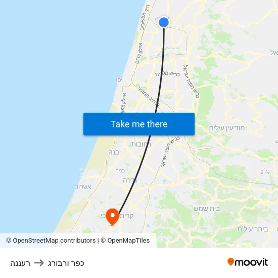 רעננה to כפר ורבורג map