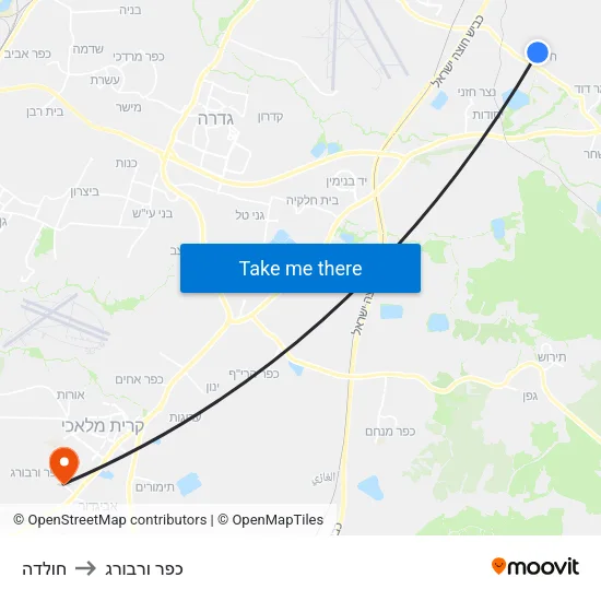 חולדה to כפר ורבורג map