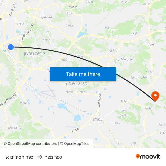 כפר חסידים א' to כפר מצר map