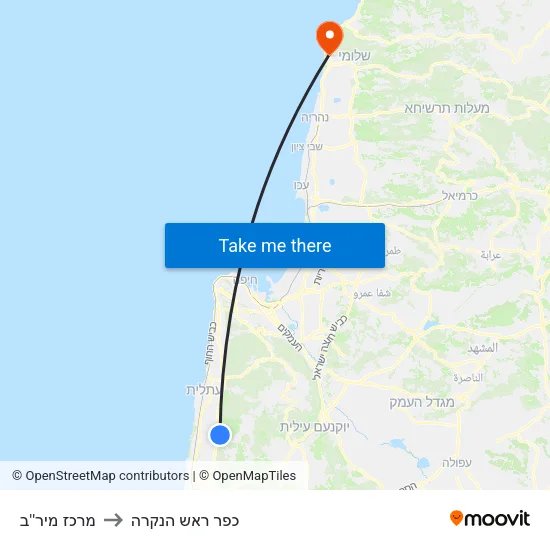 מרכז מיר''ב to כפר ראש הנקרה map