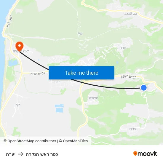 יערה to כפר ראש הנקרה map