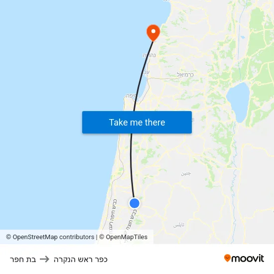 בת חפר to כפר ראש הנקרה map