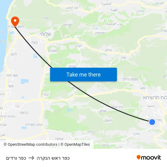 כפר ורדים to כפר ראש הנקרה map