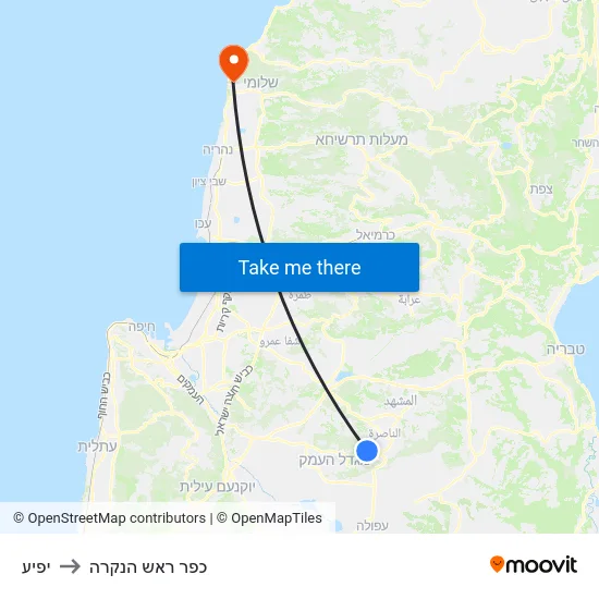 יפיע to כפר ראש הנקרה map