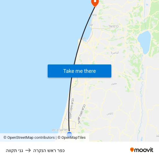 גני תקווה to כפר ראש הנקרה map