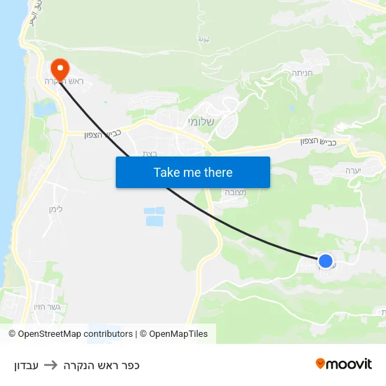 עבדון to כפר ראש הנקרה map