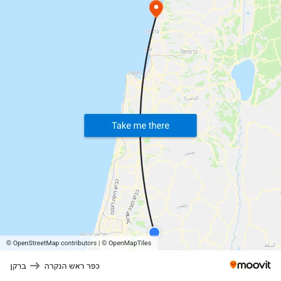 ברקן to כפר ראש הנקרה map