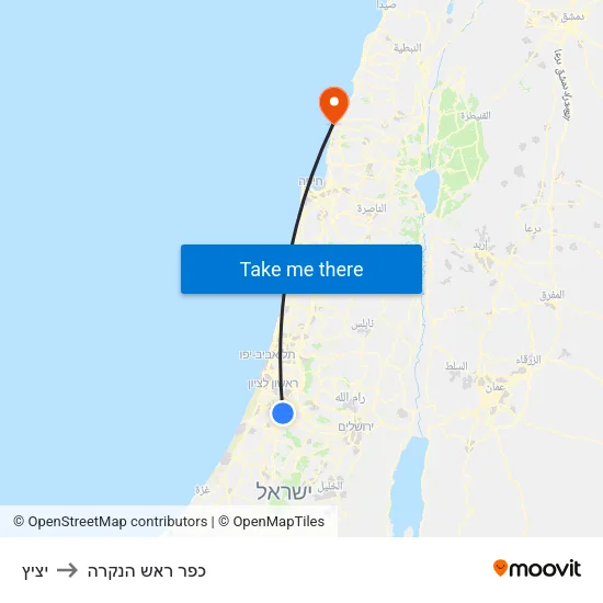 יציץ to כפר ראש הנקרה map