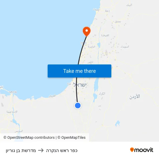 מדרשת בן גוריון to כפר ראש הנקרה map