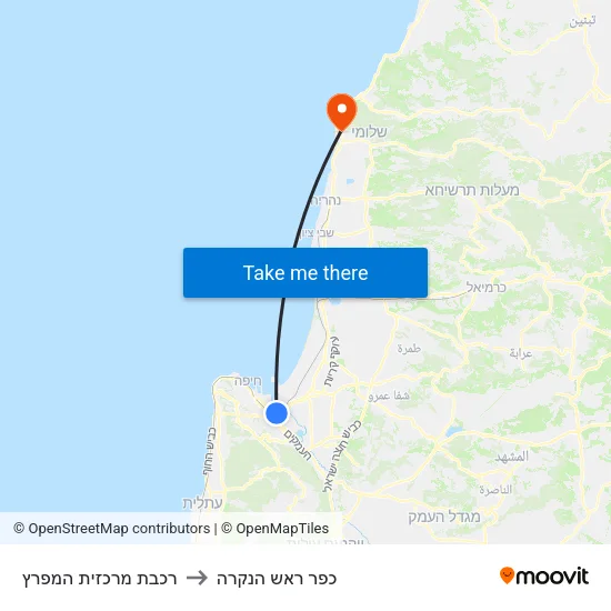 רכבת מרכזית המפרץ to כפר ראש הנקרה map