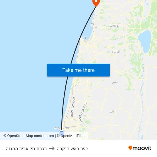 רכבת תל אביב ההגנה to כפר ראש הנקרה map