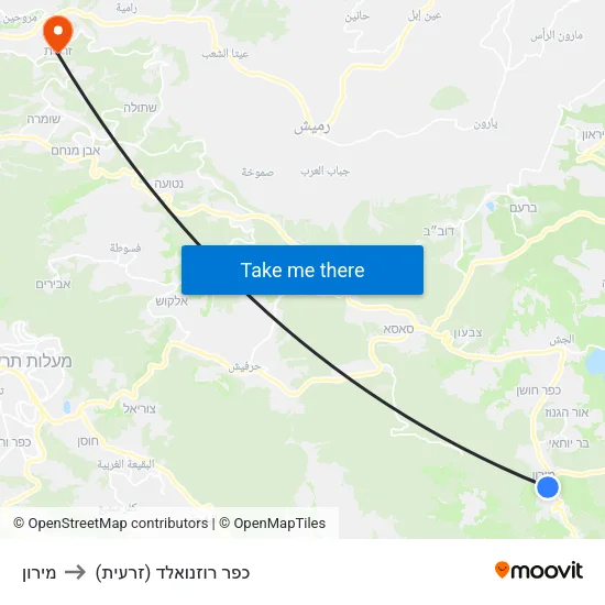 מירון to כפר רוזנואלד (זרעית) map