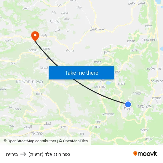 בירייה to כפר רוזנואלד (זרעית) map