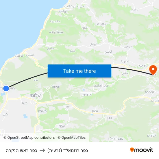 כפר ראש הנקרה to כפר רוזנואלד (זרעית) map