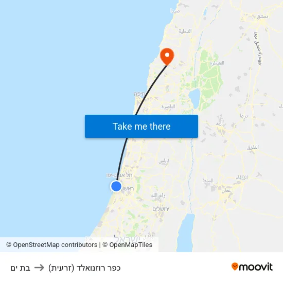 בת ים to כפר רוזנואלד (זרעית) map