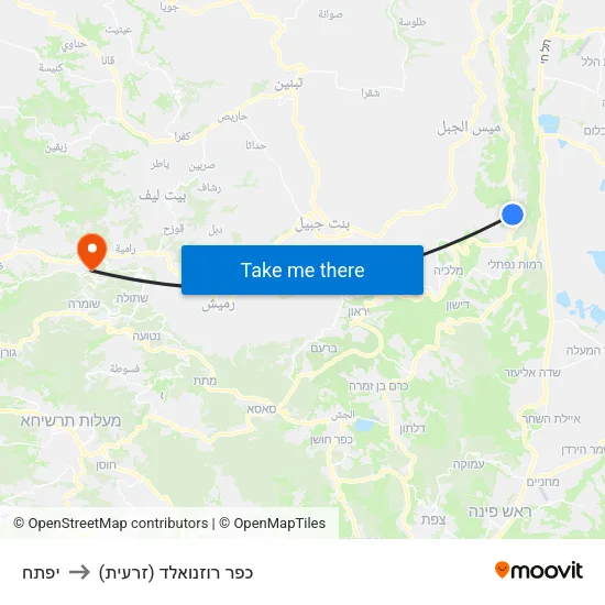 יפתח to כפר רוזנואלד (זרעית) map