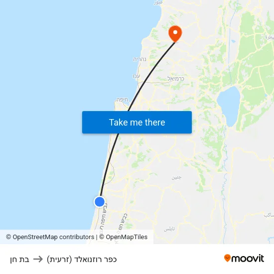 בת חן to כפר רוזנואלד (זרעית) map