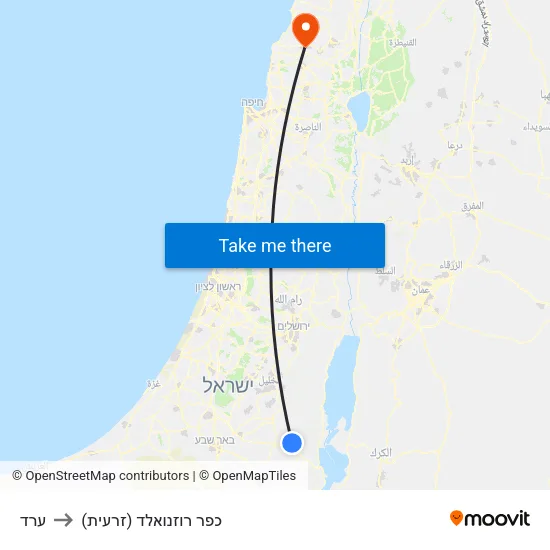 ערד to כפר רוזנואלד (זרעית) map